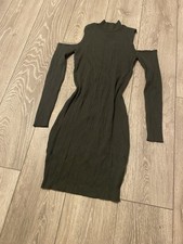 PLT khaki green knit rib high neck long sleeve cut out shoulder Bodycon dress