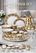 58 Piece Luxury Gold Geometric  Set Paradise Porcelain Plates Bowls Teapot Cups