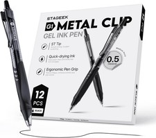12 Pack Black Gel Pens, Quick Dry Black Ink Pens, 0.5Mm Fine Point Retractable