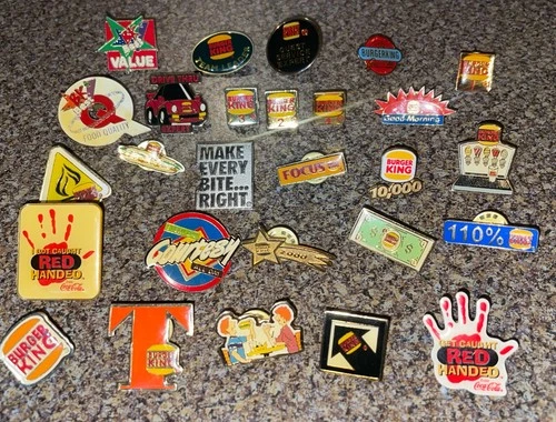 Lot Of 27 Vintage BURGER KING Enamel Pins Advertising Promo Employee Coca Cola