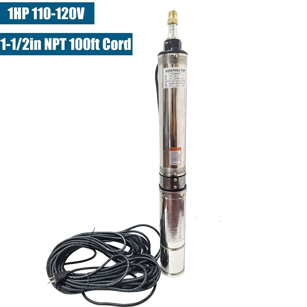 1HP 4'' Deep Well Submersible Pump 276' Max 33GPM 110V Stainless Steel 100' Cord