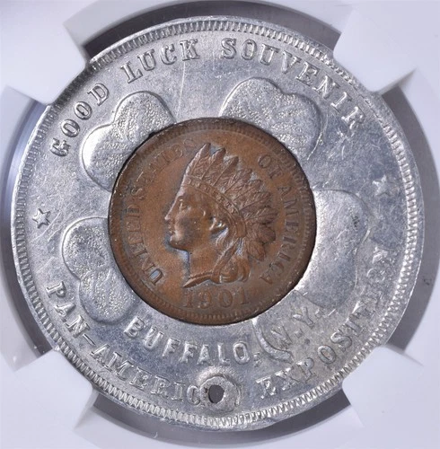 1901 Pan American Expo Encased Indian Cent NY L-EC01b - NGC UNC Details Holed