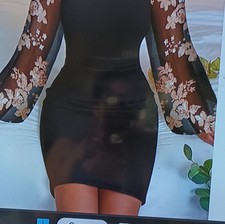 Black Pink Floral Bodycon Dress Mesh Sheer Balloon Sleeve Short Women's