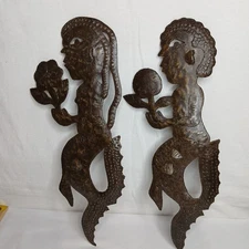 Haitian Woman & Man Mermaid Hammered Steel Art Sculpture Signed Brissot