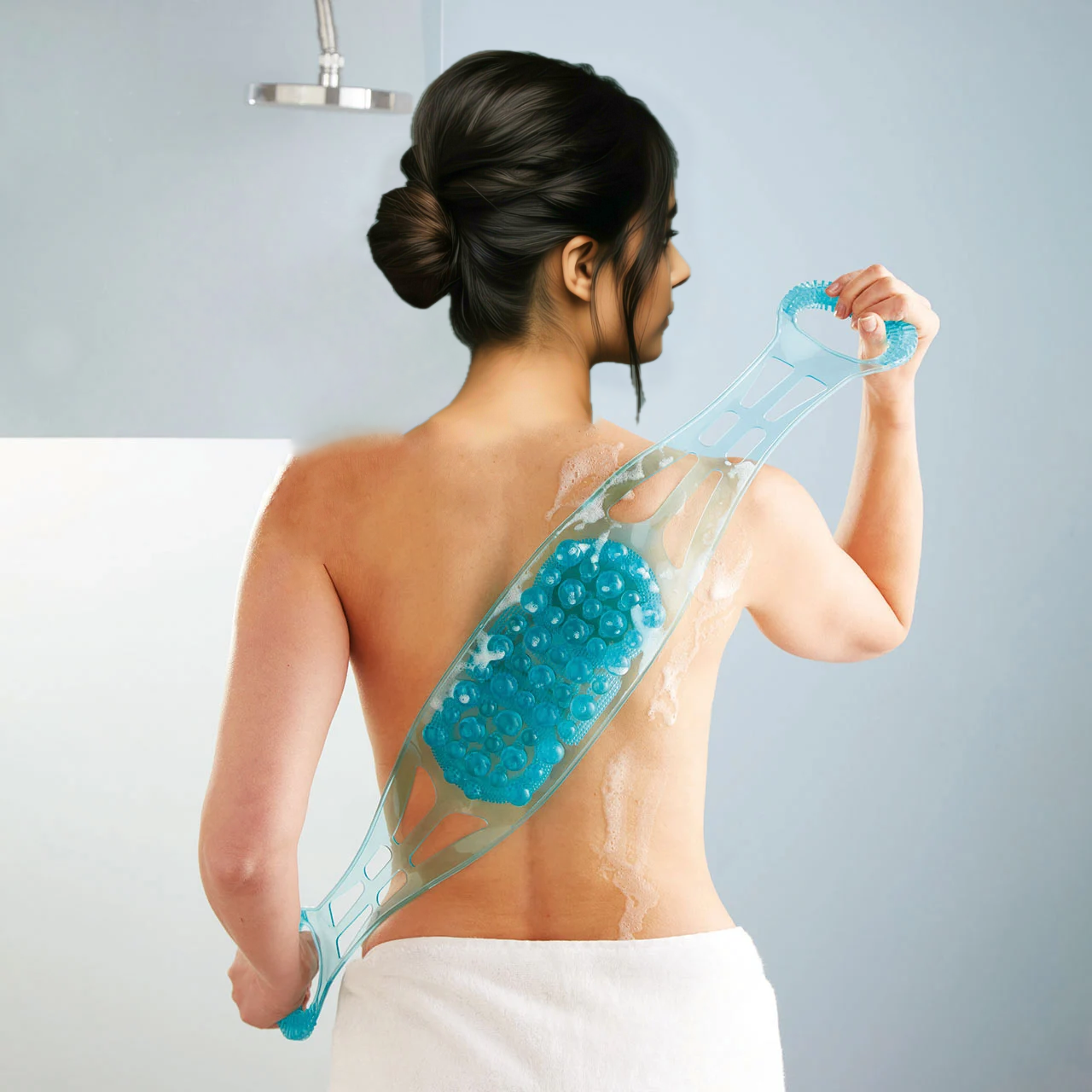 Back Scrubber Blue 85cm Dual-Sided Exfoliating Brush with Massage Nodules Grip+