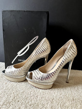 Brian Atwood Bfflorencia Leather Peep-toe Platform Silver White Sz 8.5 EU 39 