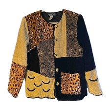 Indigo Moon Beige Black Mixed Media Tapestry Patchwork Blazer Womans Size Large