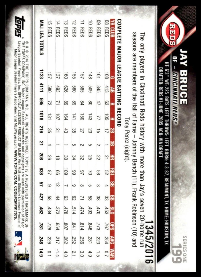 2016 Topps #199 Jay Bruce Gold #/2016 - Image 2 of 2