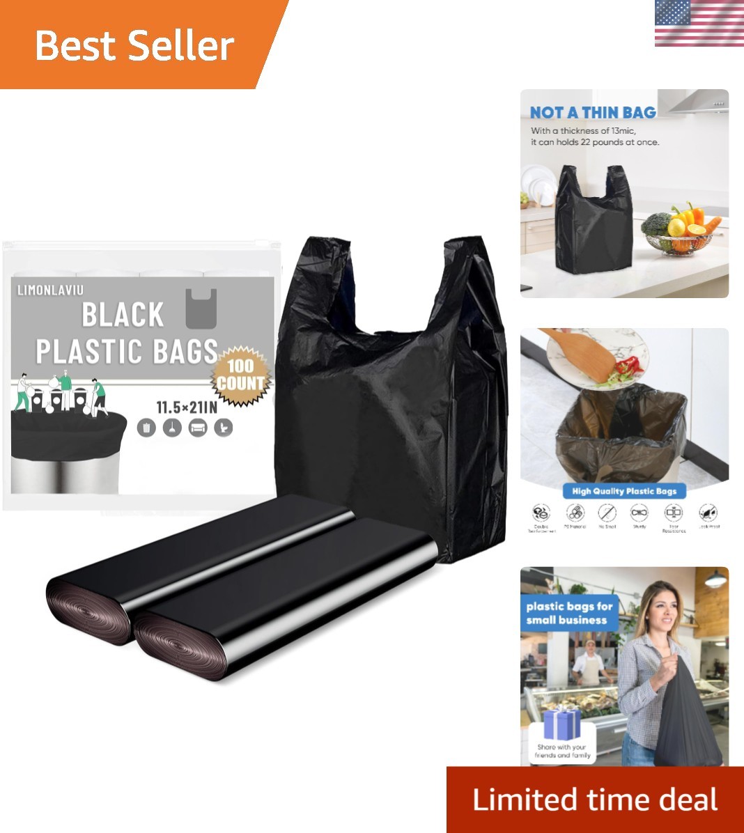 Black Plastic Grocery Bags - Heavy Duty, 100 Pack