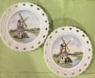 (2) Vintage Milk Glass Plate Hand Painted Beautiful Wind Mills 7.5"