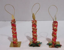 Lot of 3 Red & Gold Plastic 4.5" Candle With Holly Christmas Tree Ornaments