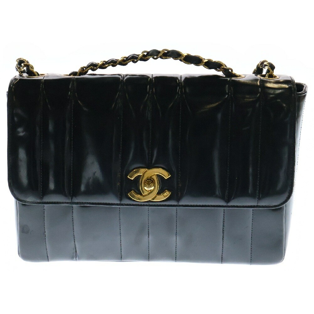 Chanel Mademoiselle W Chain Shoulder Bag Black Patent GD Hardware Size M