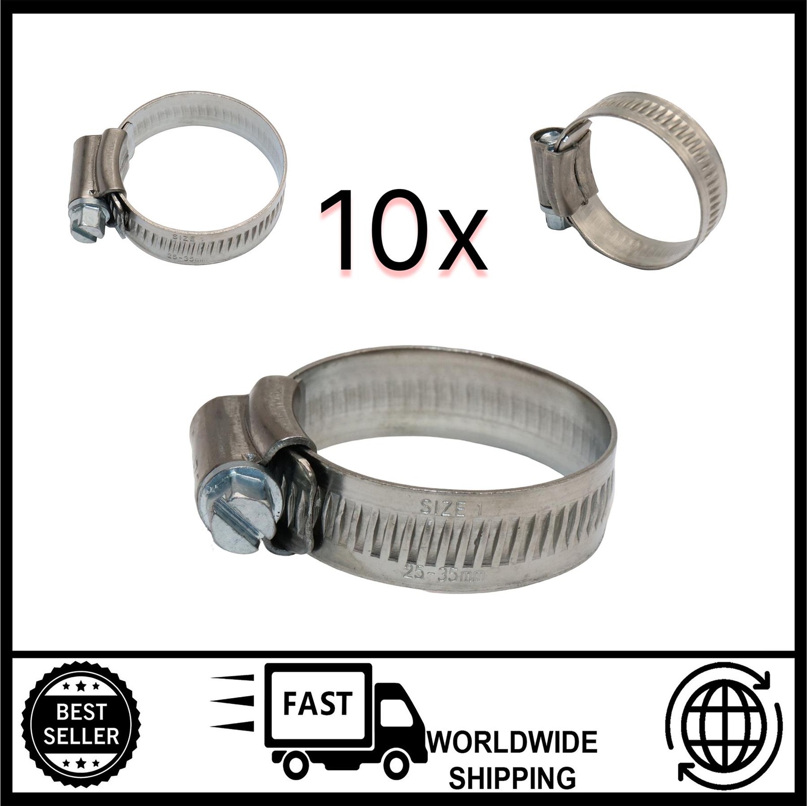 10x 25–35mm Jubilee Clips Stainless Worm Drive Pipe Clamp