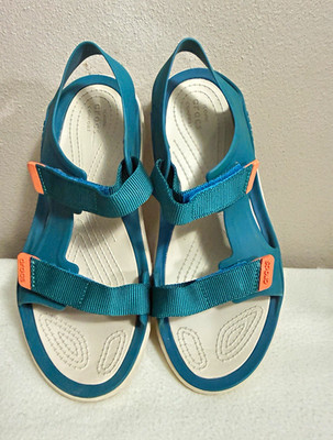Crocs Women's Blue/White Strappy Sandals Hook & Loop Adjustable Straps 10 NWOT.