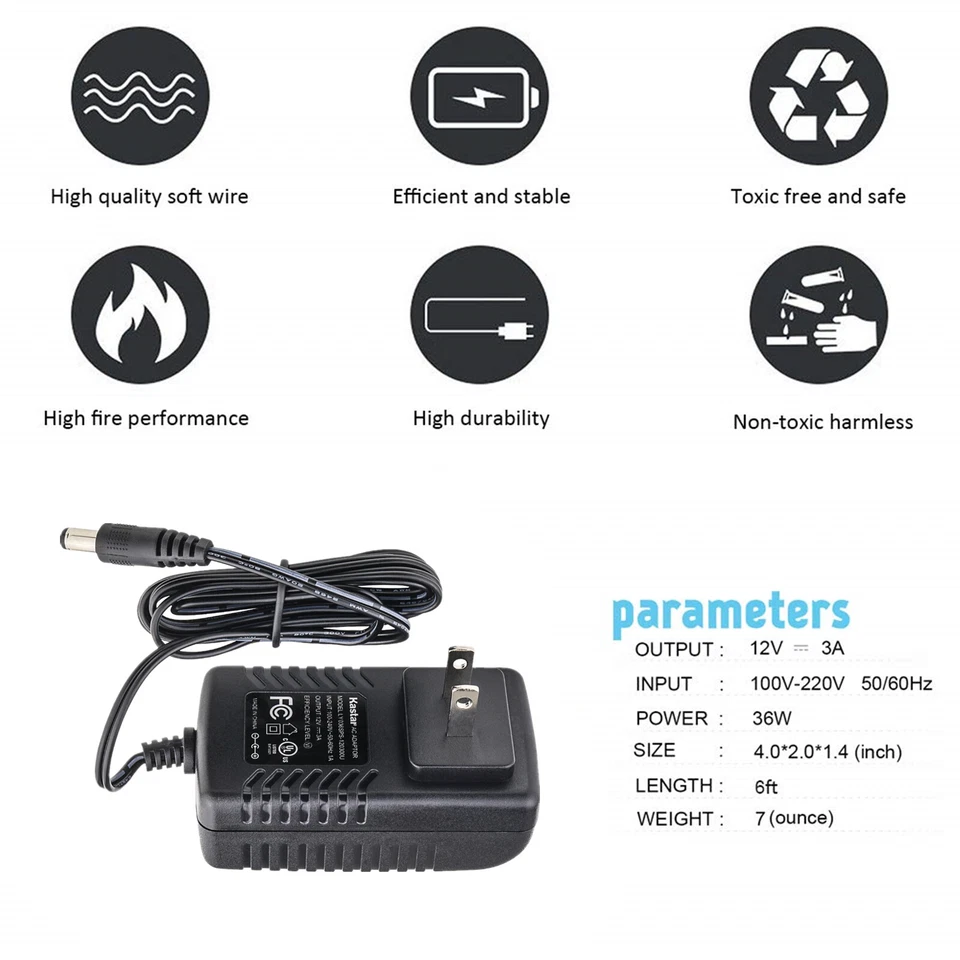 Kastar [UL Listed] 12V 3A 36W AC Adapter Power Supply for Camera LED Light Strip - Image 4 of 4