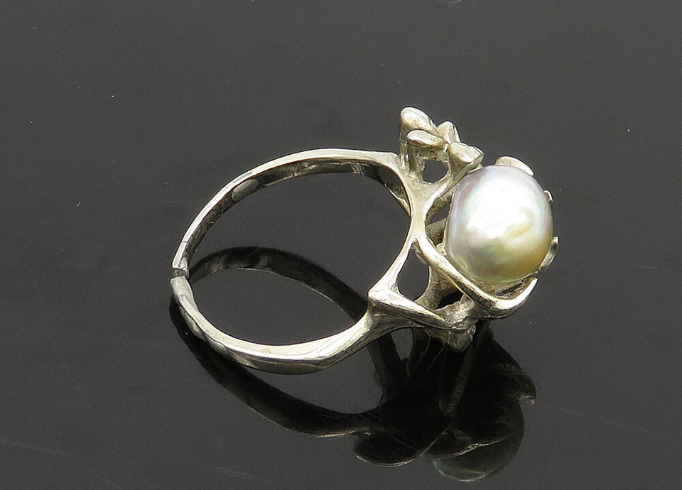 Anillo Banda Oro 14K Vintage Brillante Azul Perla Floral Motivo Hoja Talla 7 GR064 Foto 4 de 4