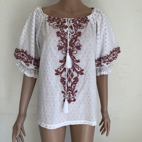 Anthropologie Solitaire Boho Damen Gr. M Bauernweiß/rotbraun Bluse Shirt