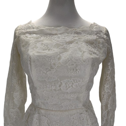 50s 60s Vintage Ivory Wedding Dress Size XS Lace Sheath Column Long Sleeve - Picture 5 of 12
