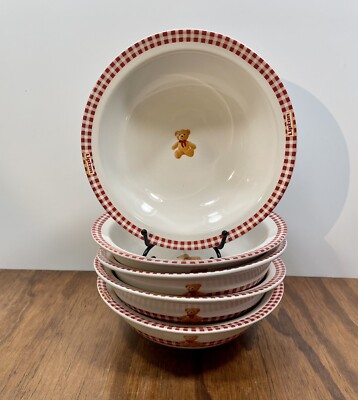 Lipton Gund Soup Bowls, Set of 5, Teddy Bear, Red Checkboard, 1990's Promotional