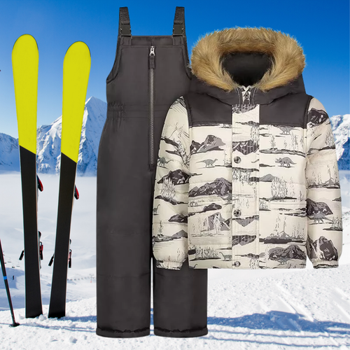 OshKosh B'gosh Ski Jacket and Snowbib Snowsuit Set Grey Dino Print Size Small 4