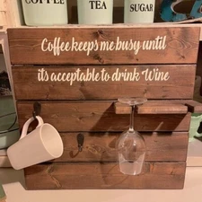 New Hand lettered Farmhouse real wood coffee mug/wine glass shelf