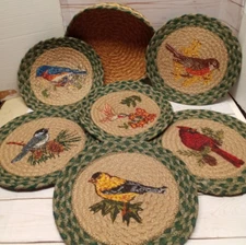 6 Jute Braded Painted Birds placemat trivet Set w/ Holder 10" round Country