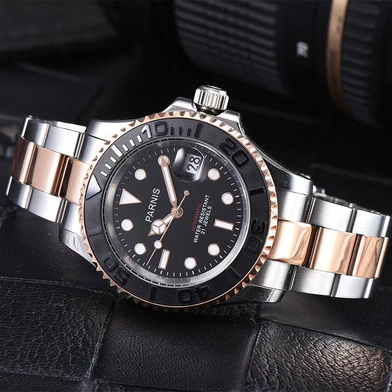 Reloj Hombre 41mm Parnis Oro Rosa Pulsera Miyota Movimiento Automático 5 ATM Fecha Foto 2 de 4