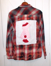 Upcycled Reworked Flannel Shirt Quilt Square Distressed Bleached Shacket Size L