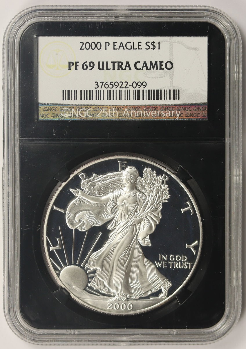 2000-P Silver Eagle PF 69 Ultra Cameo $1 NGC Black Retro Slab 25TH