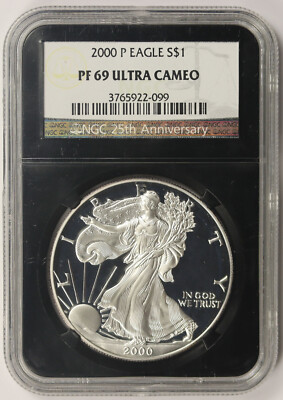 2000-P Silver Eagle PF 69 Ultra Cameo $1 NGC Black Retro Slab 25TH