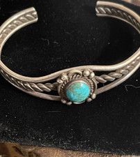 Vintage Childs Sterling Silver Native American Oval Turquoise Cuff Bracelet