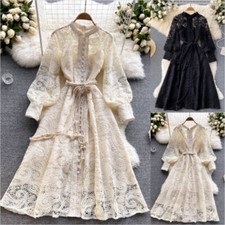 Women Lace Dress Midi Long Puff Sleeve Hollow Out Retro Paisley Fairy Gothic