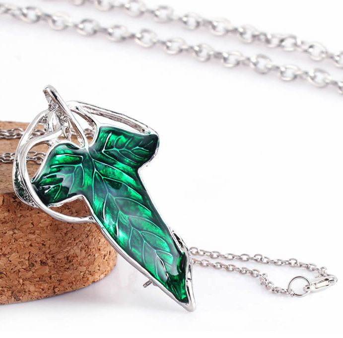 Green Leaf Lord of The Rings Elven Pin Brooch Pendant Chain