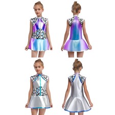 Girls Shiny Metallic Alien Dress Up Sleeveless Outer Space A Line Dance Dresses