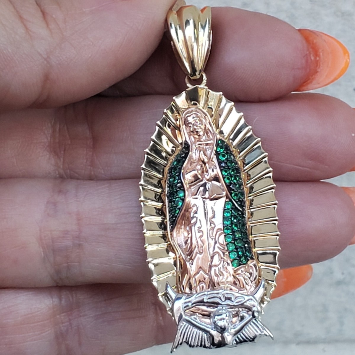 Big Solid 14k gold virgin Mary pendant charm Guadaloupe Inches