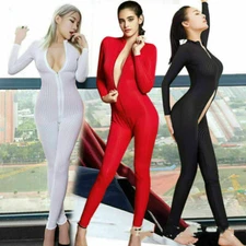 Women Sheer Striped Catsuit Jumpsuit Zipper Open Crotch Clubwear Romper Bodysuit