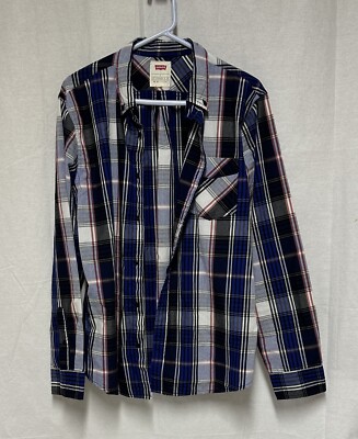Levi Men's Large Long Sleeve Button Up Blue Black Plaid Collared Dress Shirt
