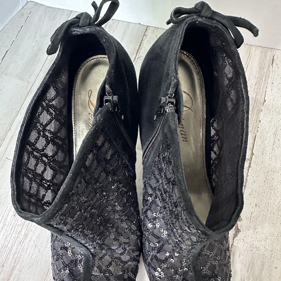 Delman Heeled Booties Peep Toe 10 Sequins Lace Zip Up Party Cocktail Sexy Black - Image 3 of 4