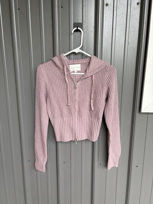   Sage + Stone Lilac Cropped Knit Hoodie Zip Sweater Chunky Cozy Women S 
