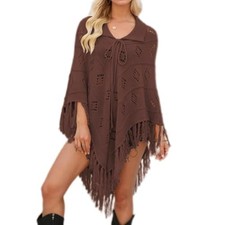 Women's Fashion Fringe Knitted Poncho Cape Lapel Hollow Crochet Small Brown