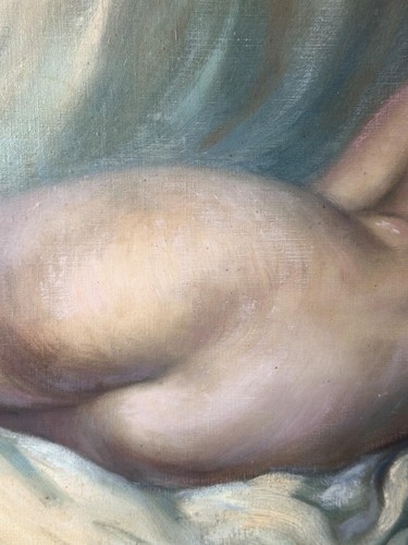 Beau Tableau ancien portrait nue jeune femme dos sofa art déco CARDINAL huile - Photo 2/10