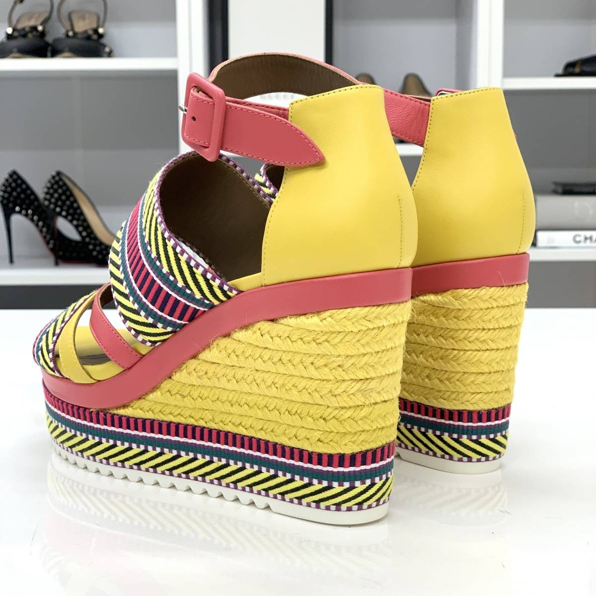 HERMES Leather x Fabric Wedge Sandals Multicolor Size EU 37 Women's thumbnail 14