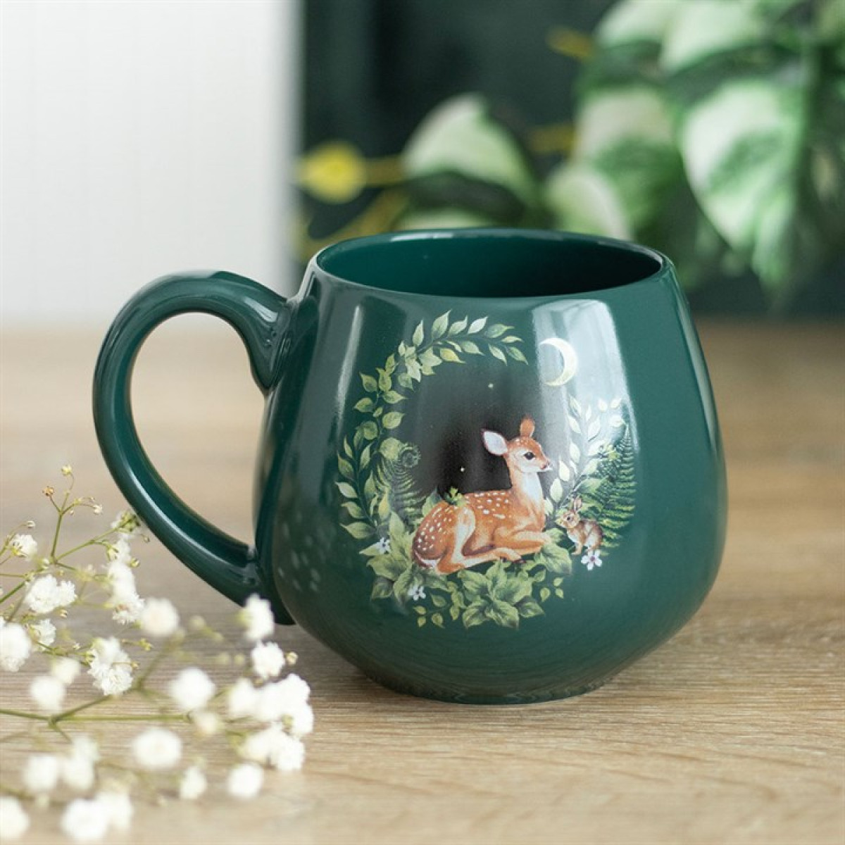 Green Woodland Deer Fawn Rounded Ceramic Coffee Mug