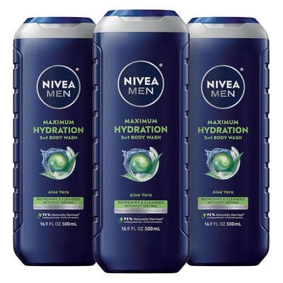 NIVEA MEN Maximum Hydration Body Wash for Dry Skin, Aloe Vera Enriched, 3 Pack