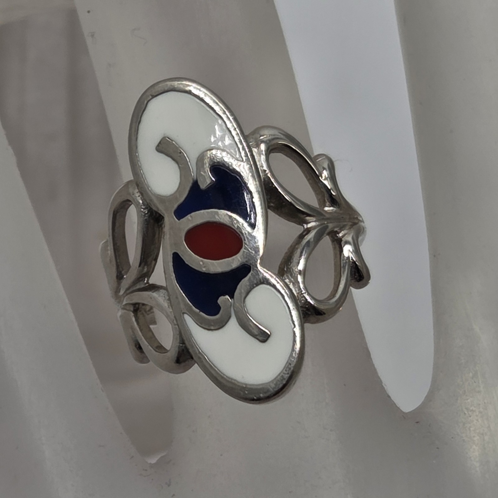 silver tone southwestern enameled inlaid red white blue ring size 5 scroll boho