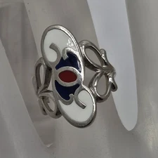 silver tone southwestern enameled inlaid red white blue ring size 5 scroll boho