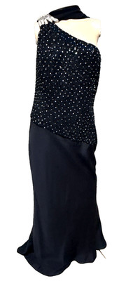 Escada Crystal Bead Embroidered Black Scarf Long Gown Maxi Dress US 8 10 / DE 40