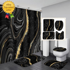 4 Pcs Black Marble Shower Curtain Sets with Rugs Gold Bathroom Set