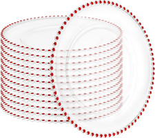12 Pack Clear Charger Plates with Red Beaded Rim 13 Inch Charger Plates