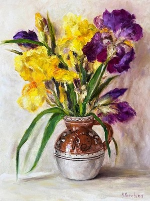 Original Oil Painting Irises Floral Still Life 16x20  Canvas Purple Yellow Flowe